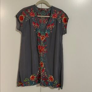 Johnny Was Gray Mini Dress with Red and Blue Floral Embroidery